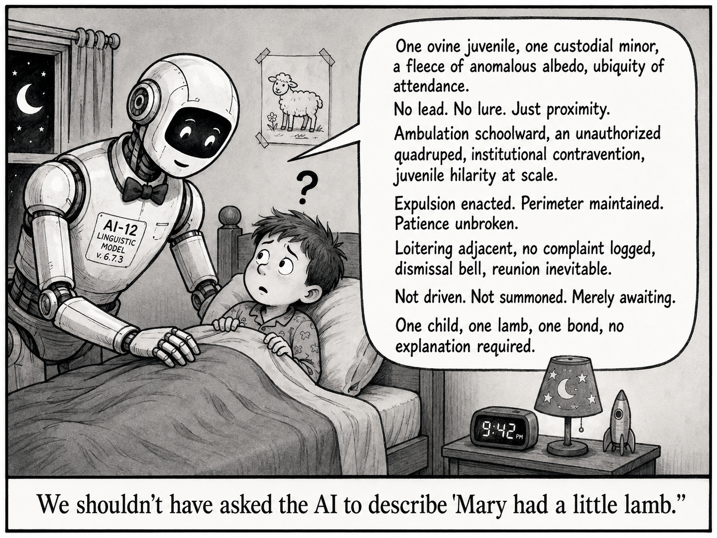A cartoon robot reads a bedtime story to a worried child entirely in clipped noun phrases.